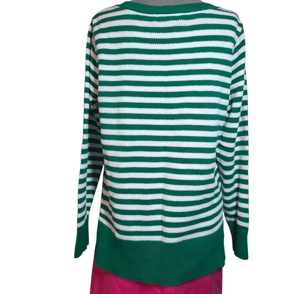 Green and White Striped Cotton Sweater Size Large